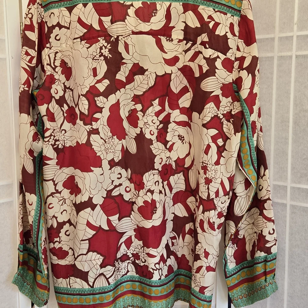 Johnny Was Red Floral Silk Blouse with Cream Print and Green Trim - Picture 6 of 11